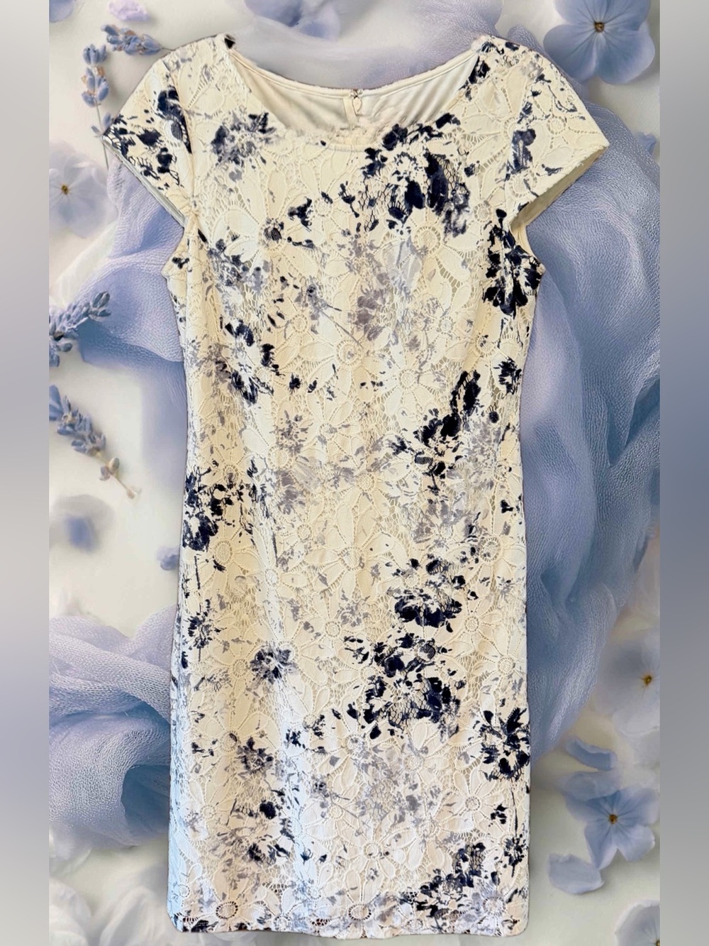 Chetta B Cream Midi Dress with Navy Floral Lace size 10